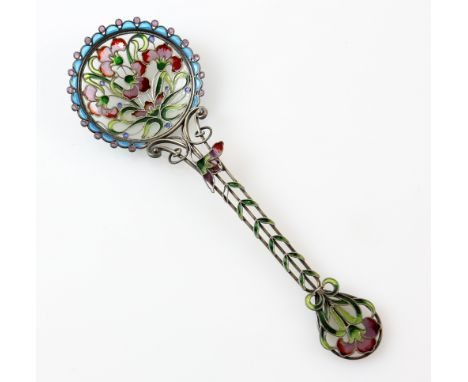 Norwegian plique-à-jour spoon with formal decoration of red and pink flowers in Art Nouveau manner, in white metal, 16cm.   S