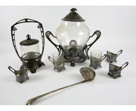 Juventa Prima circa 1902 pewter mounted and glass Jugendstil punch bowl, decorated with bunched grapes motif and coup de foue