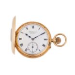 J. W. BENSON, LONDON, AN 18 CARAT GOLD KEYLESS WIND HALF HUNTER POCKET WATCH