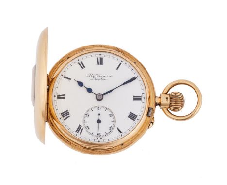 J. W. BENSON, LONDON AN 18 CARAT GOLD KEYLESS WIND HALF HUNTER POCKET WATCH, NO. 398, LONDON 1907Movement: Half plate, bimeta