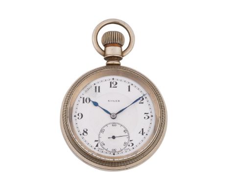 ROLEX  A NICKEL PLATED MILITARY KEYLESS WIND OPEN FACE POCKET WATCH, CIRCA 1930Movement: Bimetallic split balance, overcoil b