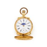 UNSIGNED, A SWISS GOLD KEYLESS WIND FULL HUNTER CALENDAR POCKET WATCH