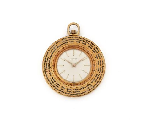 GÜBELIN A GOLD PLATED KEYLESS WIND WORLD TIME POCKET WATCH, CIRCA 1955Movement: Cal. 330, manual wind, 17 jewels Case: Gold p