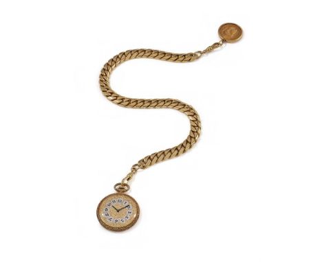 UNSIGNED,  A GOLD COLOURED KEYLESS WIND OPEN FACE POCKET WATCHMovement: Manual wind Case: Gold coloured two piece textured sn