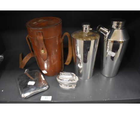 A selection of vintage plated ware, including leather carry case with flask, Ronson desk top lighter and hip flask.