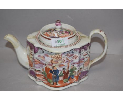 An 18th century English porcelain teapot, possibly Newhall, in the commode shape with Chinoiserie pattern having had professi
