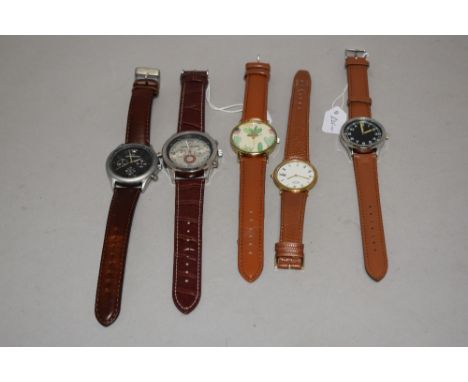 Five mens watches all having brown straps, including Rotary.