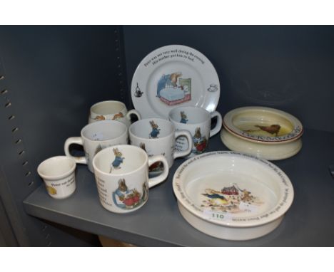 A Vintage Royal Doulton 'Cock a doodle do' babies bowl and an assortment of childrens Beatrix Potter cups and one Bunnykins c