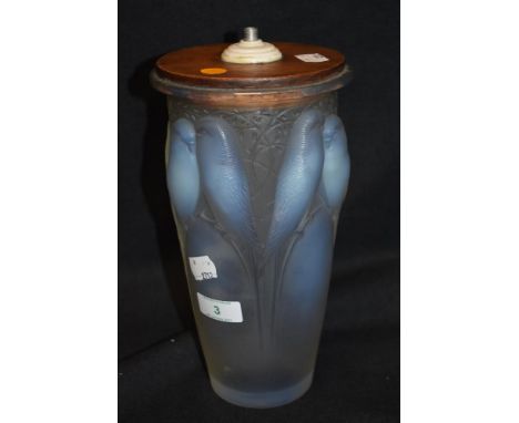 A 1930s Rene Lalique Ceylan vase having frosted and opalescent finish with Budgerigars and foliate decoration, etched to base