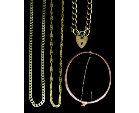 Two modern 9ct gold chain link necklaces each 450mm overall (gross weight 14.3 grammes), a modern 9ct gold stiff pattern bang
