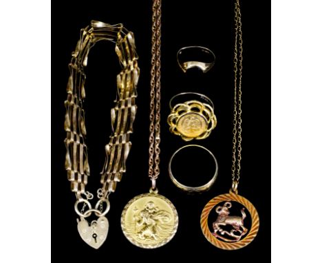 A modern 9ct gold four gate bracelet with heart pattern padlock, 170mm overall (gross weight 9 grammes), and a quantity of ot