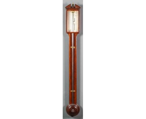 A late 18th Century mahogany cased stick barometer and thermometer by Joshua Tory & Co, London, with silvered scale, vernier 