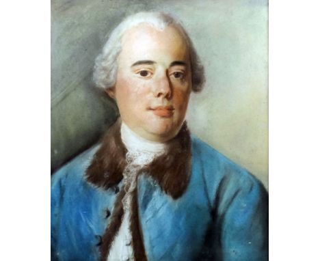 18th Century French school - Pastel - Shoulder-length portrait of a young man wearing a blue coat with fur collar, 19.25ins x