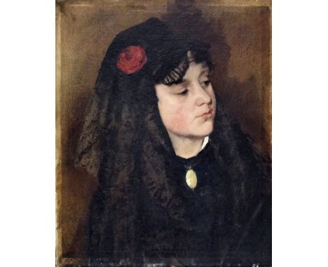 Late 19th Century Continental school - Oil painting - Shoulder-length portrait of a young Spanish woman in black wearing a re