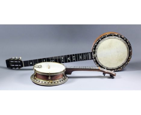 An early 20th Century British "Sun-Ray" four string ukulele banjo by Rose Brothers, with six brackets, 8ins skin head and clo
