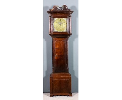 An 18th Century oak longcase clock by John Varley, the 12ins square brass dial with wide chapter ring with Roman and Arabic n