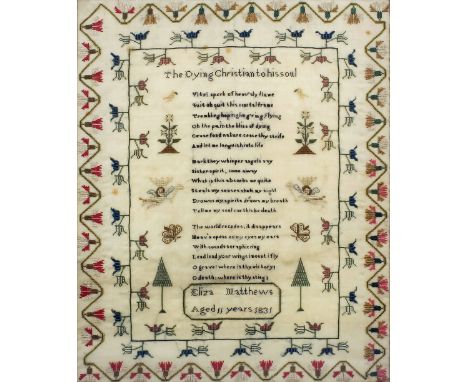 An early William IV sampler worked in coloured silks by Eliza Matthews, aged 11 years 1831, with a religious verse, angels, f