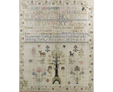 A late George III needlework sampler by Mary Story, 1803, worked in coloured silks with Adam and Eve with the serpent, flower