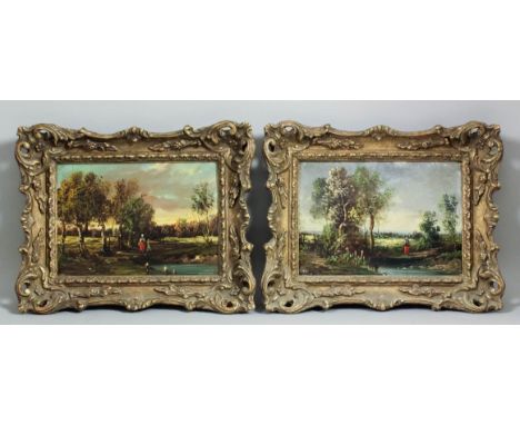 Continental school - Pair of small oil paintings - Rural landscapes, each with a figure by a pond, pine panel 6.25ins x 8.75i