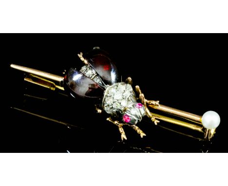 A late Victorian gold coloured metal mounted garnet, diamond, and ruby set bug pattern brooch, the eyes set with small caboch