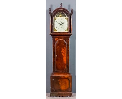 A 19th Century mahogany longcase clock, the 12ins arched painted dial with Roman numerals, subsidiary minute and seconds dial