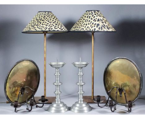 A pair of brass and wrought iron three light wall lights with oval backs, 13.75ins x 10.75ins, a pair of modern French pewter