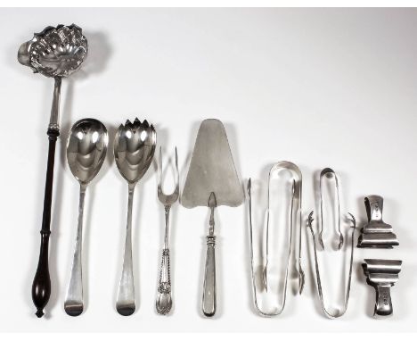 A George II silver oval punch ladle with turned wood handle, 13ins overall (makers mark indistinct), London 1743, a pair of G