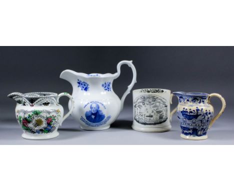 A rare English pearlware pottery Liverpool and Manchester Railway commemorative jug, circa 1830, printed in blue with the Moo