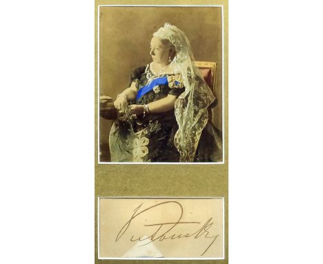 An ink signature - "Victoria R", below a coloured photograph of the elderly Queen Victoria, another - "Albert", above a black