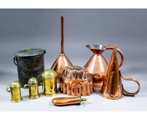 A small collection of antique metalware, including - late 18th/19th Century English brass muffineer, 4.25ins high, two others