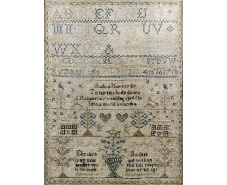 A Queen Anne needlework sampler worked by Elizabeth Allen of Petworth 1706, worked with a standing figure of Christ flanked b