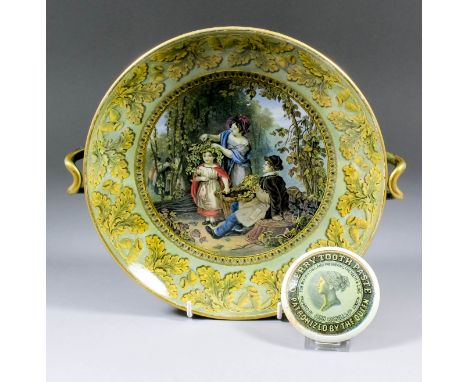 A 19th Prattware two-handled pottery comport printed in colours with "The Hop Queen" by W.F. Witherington, with a border of o