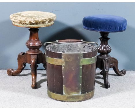 A George III mahogany and brass bound plate bucket with plain twin brass bands, the bale handle with turned mahogany centre h
