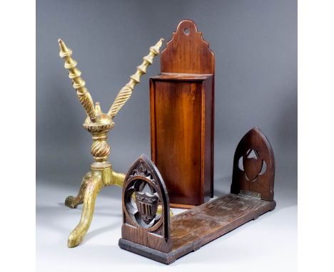 A 19th Century English fruitwood candle box with sliding front, 5ins x 4.5ins x 17.75ins high, a Victorian oak bookslide, the