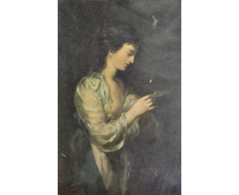 A Mazzoni (19th Century) - Oil painting - Half length portrait of a young woman reading a letter, canvas, 34.75ins x 22.75ins