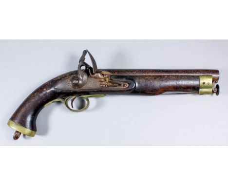A late 18th/early 19th Century .64 calibre officers' flintlock pistol, 9ins plain steel barrel bearing proof marks crown over