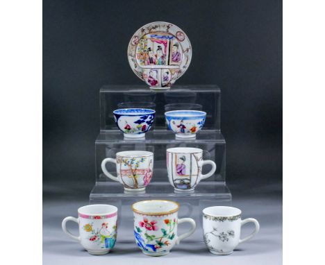 A small reference collection of 18th Century Chinese porcelain coffee cups, tea bowls and saucers, including - Famille Verte 