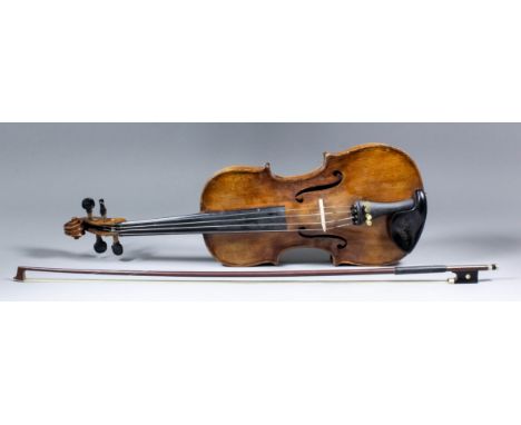 An early 20th Century full sized violin with two piece back, back measurement (excluding button) 14ins - 23.5ins overall, sta