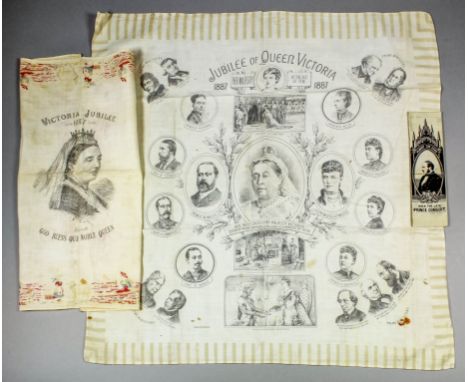 A late Victorian linen handkerchief printed primarily in black with a portrait of Queen Victoria surrounded by portraits of m