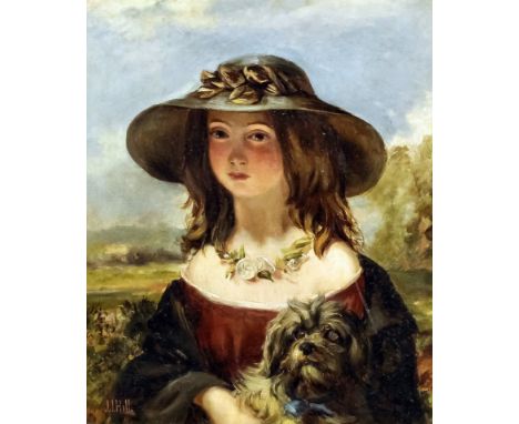 James John Hill (1811-1882) - Oil painting - Half-length portrait of a young girl holding a dog and wearing a wide brimmed ha