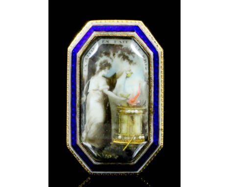 A late Georgian gold coloured metal mounted and enamel set octagonal Memento Mori brooch, the octagonal panel inset with a fu