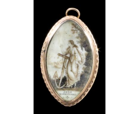 A late Georgian gold coloured metal mounted Memento Mori navette pattern brooch, the oval panel inset with a full-length sepi