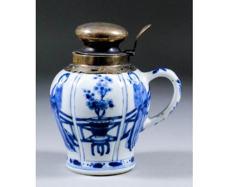 A Chinese blue and white silvery metal mounted porcelain mustard pot, the sides painted with figures and flowering plants on 