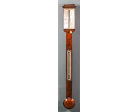 Early 19th Century mahogany cased stick barometer and thermometer with engraved ivory scale, vernier and mercury thermometer,