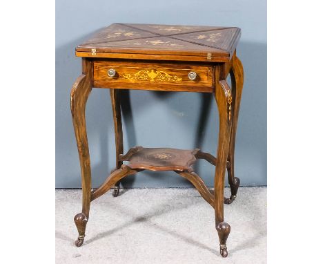A late Victorian rosewood square envelope card table, the top, frieze and legs inlaid with boxwood urns, leaf scroll ornament