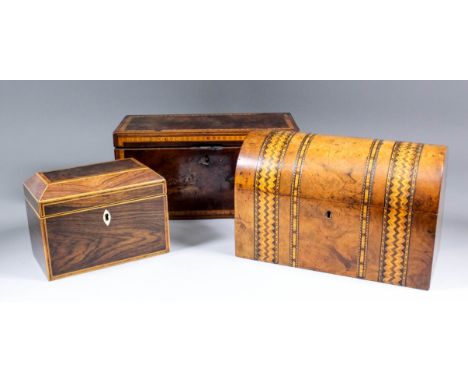 A late George III rosewood rectangular two division tea caddy with stringings, 7ins x 4ins x 5.4ins high, a Victorian figured
