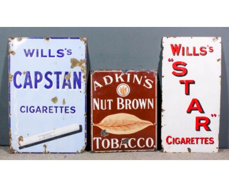 Three early 20th Century enamel advertising signs - "Adkins Nut Brown Tobacco", with white lettering, on a brown ground, 26in