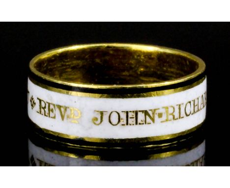 A George III gold and enamel mourning ring, enamelled in white, within black borders, "Revd. John Richardson Ob..23 April..17