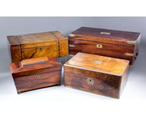 A William IV rosewood sarcophagus-shaped two division tea caddy, 12ins x 6ins x 6ins high, a Victorian walnut rectangular wri