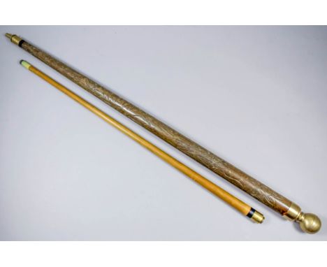 A 20th Century novelty walking cane, the halved shaft concealing further section to make up a snooker cue, with turned brass 